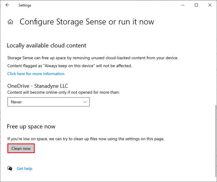 Configure Storage Sense or run it now window. Fix Windows 10 Update 0x8007000d Error