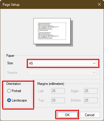 Configure the Orientation settings and Paper size settings through the drop-down menu and click on OK after making the required settings.