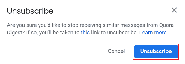 Confirm the cancellation of your subscription by clicking on Unsubscribe