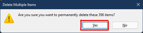 Confirm the deletion process by clicking on Yes on the delete prompt | How to Clear Cache in Windows 11