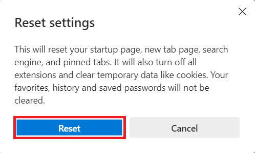 confirm the prompt by clicking on Reset