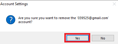 Confirm the removal of account by clicking on Yes. Fix Outlook Error 0x8004102a in Windows 10