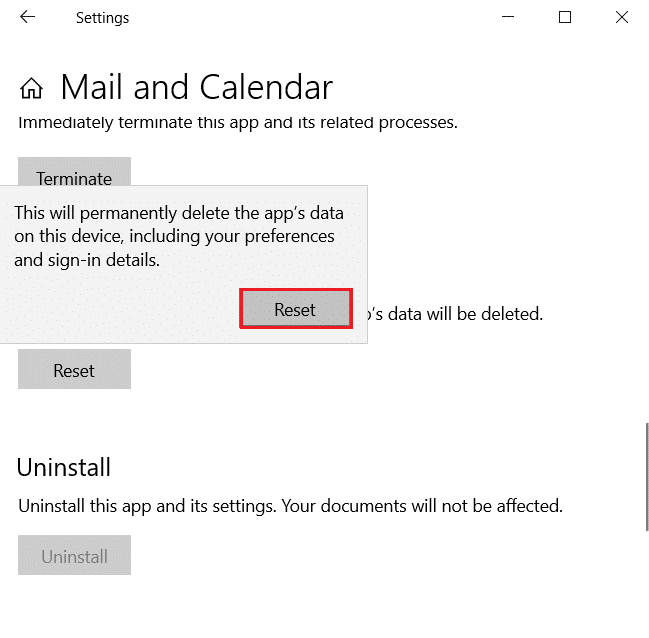 confirm to click on Reset in Mail and Calendar app settings