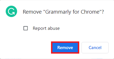 Mensaje de confirmación para eliminar la extensión de Chrome