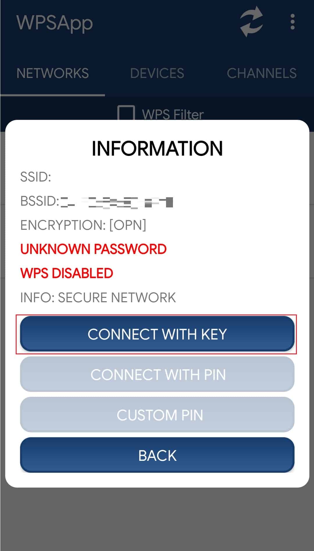 connect with key in WPSApp android app