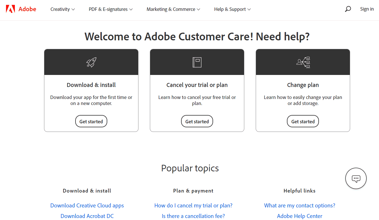 contact Adobe Customer Care page