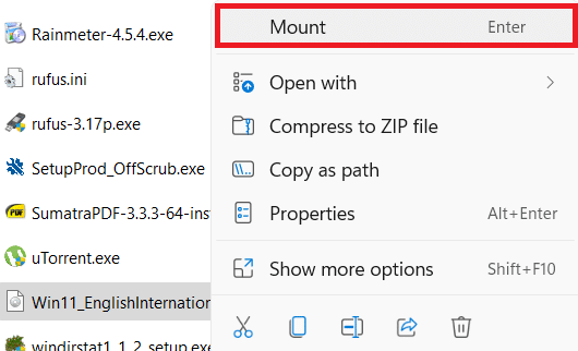 Context menu for Windows 11 ISO file