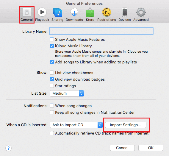 ضمن علامة التبويب عام، انقر فوق إعدادات الاستيراد. دليل iTunes.quick لتحويل MP4 إلى MP3 من خلال Windows Media Player