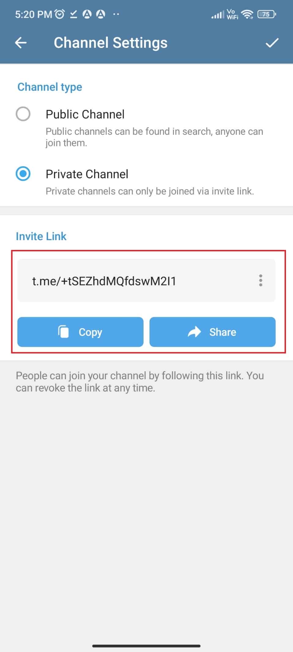 Copy or share the given link for inviting Telegram users to join the channel 