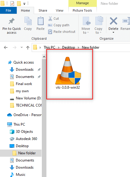 copy vlc.exe to New folder in Desktop