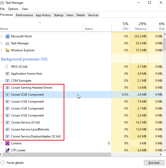 corsair services in the task manager
