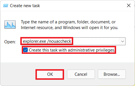 Create new task dialog box with command to run File Explorer as administrator.