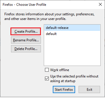 Create Profile… option. Fix Firefox SSL_ERROR_NO_CYPHER_OVERLAP in Windows 10