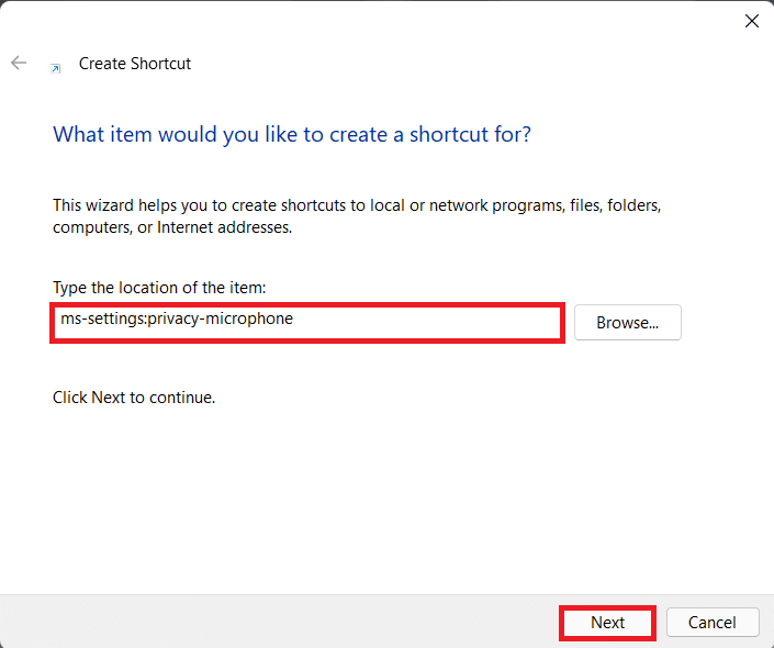 Create Shortcut dialog box | How to Turn off Camera and Microphone Using Keyboard Shortcut in Windows 11