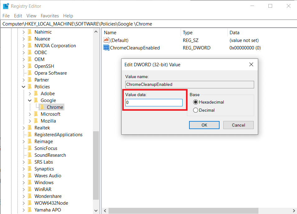 Create the DWORD value as ChromeCleanupEnabled. Double click on it and type 0 under Value data. Fix Software Reporter Tool High CPU Usage in Windows 10