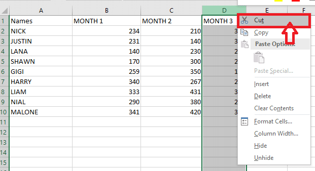 cut the selected column by right-clicking on the column and choosing the cut option.