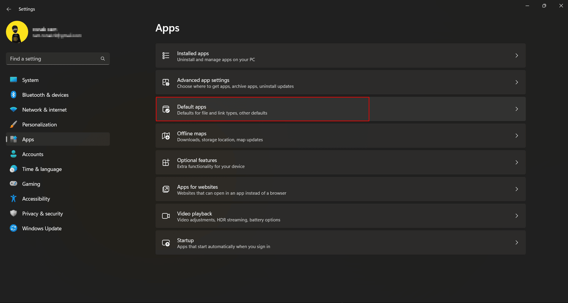 Default apps under apps settings in Windows