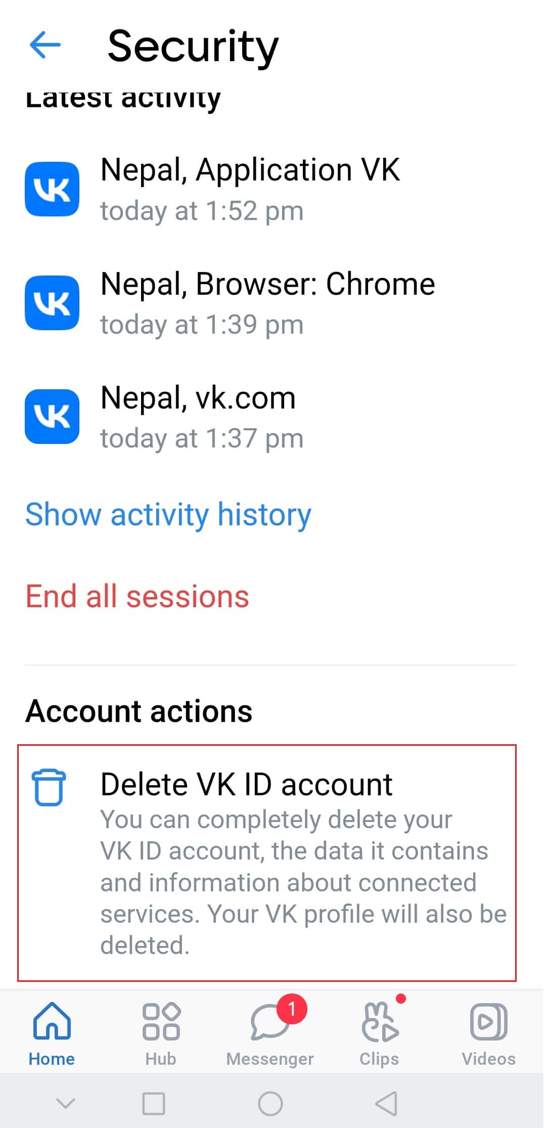 delete VK account ID from VKontakte android app