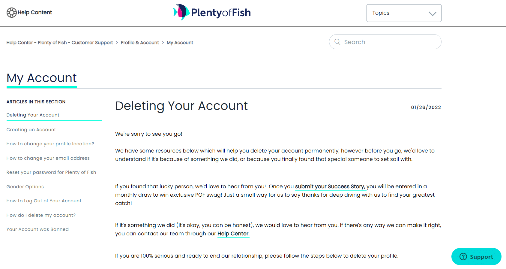 delete account page in plenty of Fish help center