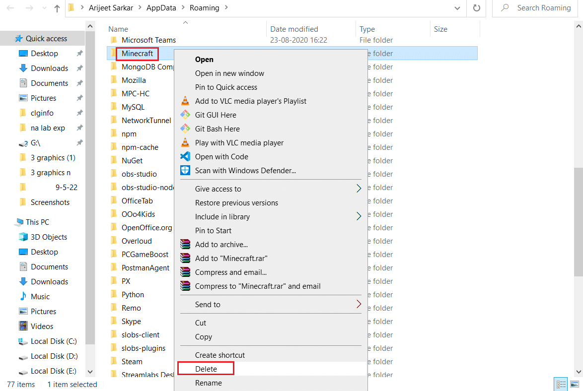 delete minecraft from appdata folder