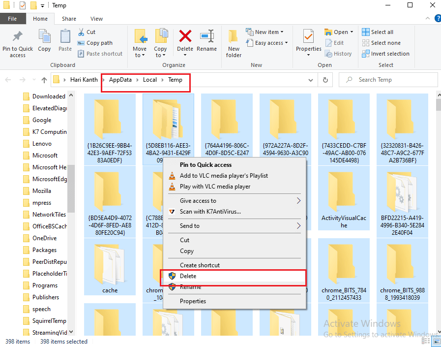 delete the files in the Temp folder