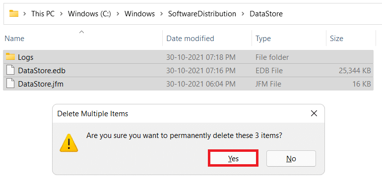 Deleting all files and folder in DataStore folder. How to fix Updates Failed Install Error 0x800f0988 in Windows 11