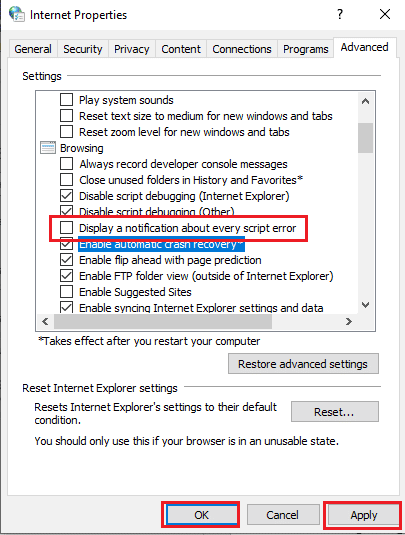 Deselect the Display a notification about every script error. Fix Error Code 541 in Windows 10
