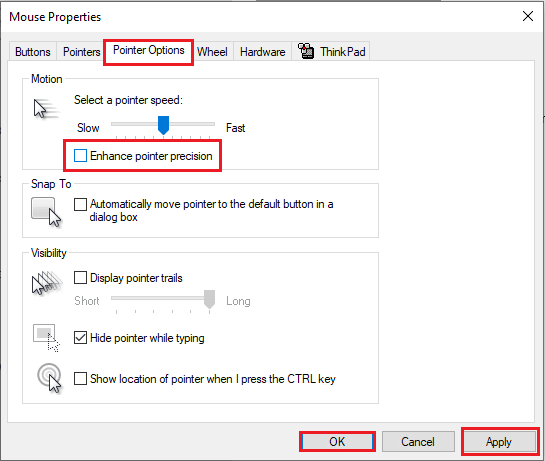 deselect the setting Enhance pointer precision in the Motion section