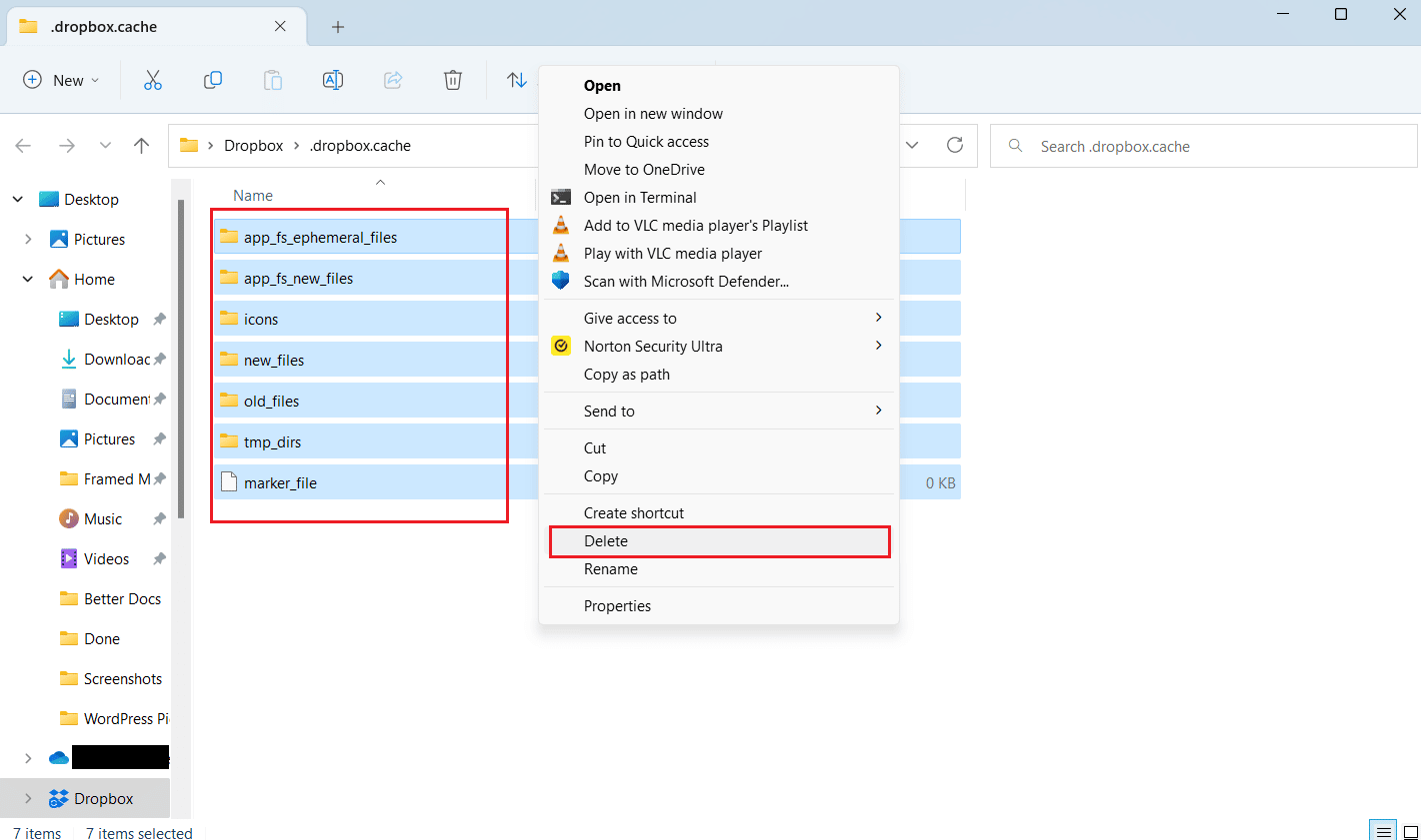 desired cache folder OR all cahce folders - right click - Delete