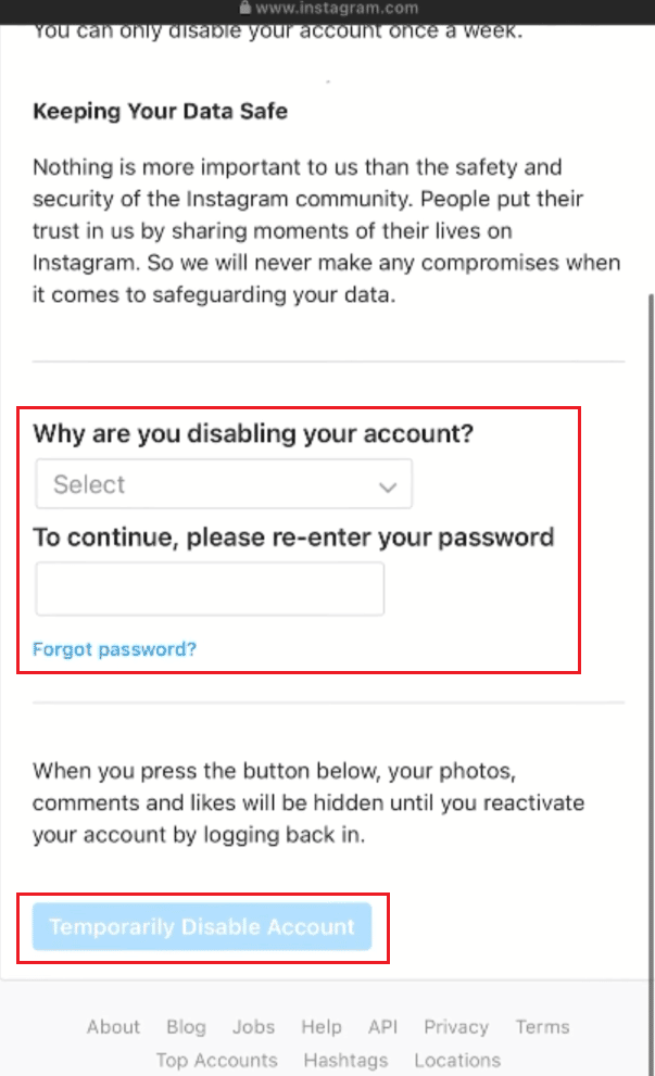 desired reason - IG account password - Temporarily Disable Account | reactivate my Instagram account before 7 days