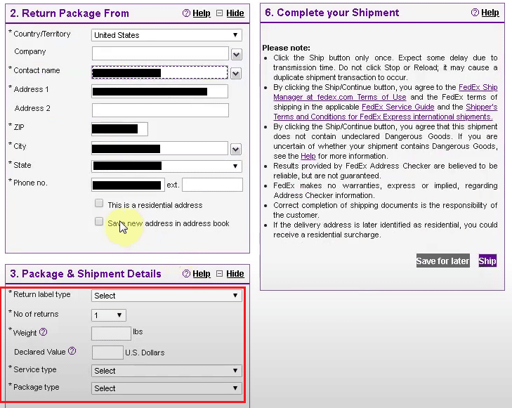 desired return label type - return delivery option - weight - number of packages