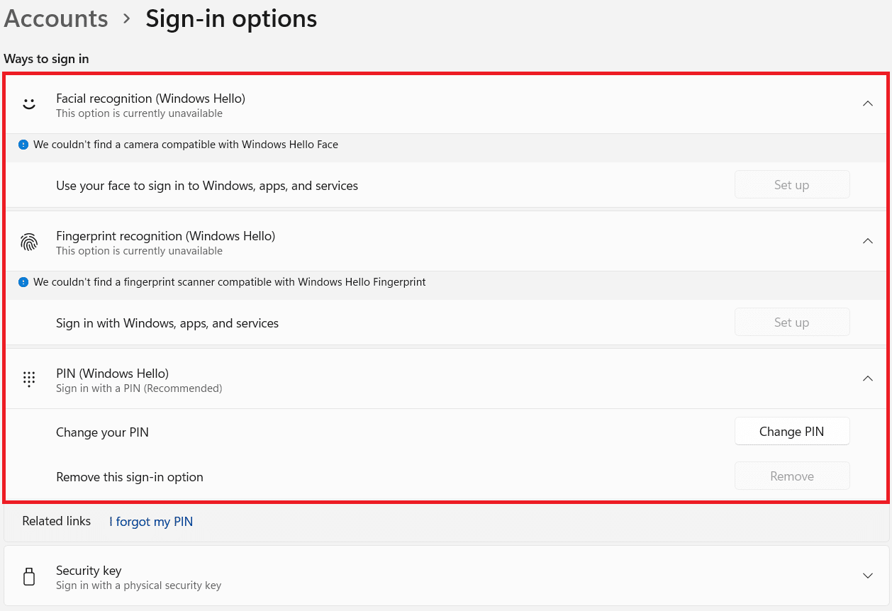 Different options for Windows Hello sign in
