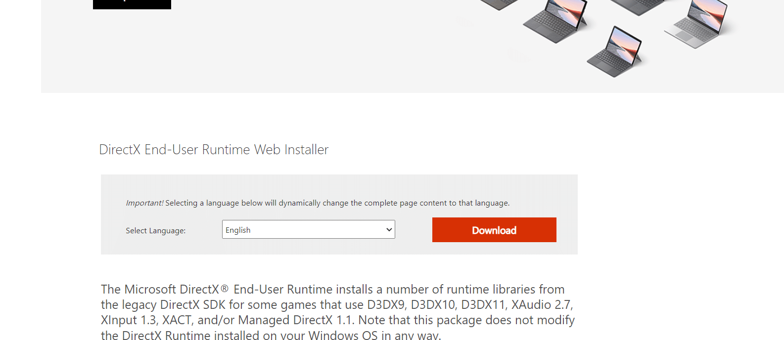Página de descarga del instalador web de DirectX End-User Runtime