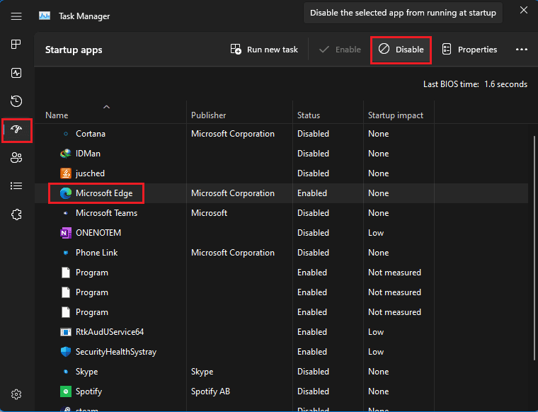 disable Microsoft Edge in Startup apps Task Manager