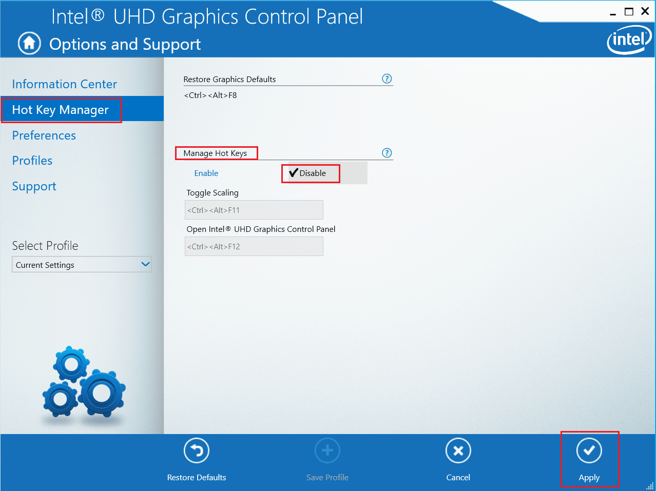 disable hot key in intel graphics control panel. What is hkcmd