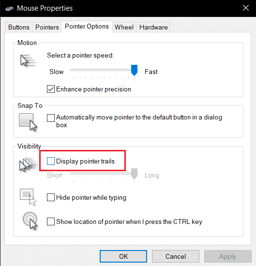 disable pointer trails in pointer option on mouse properties