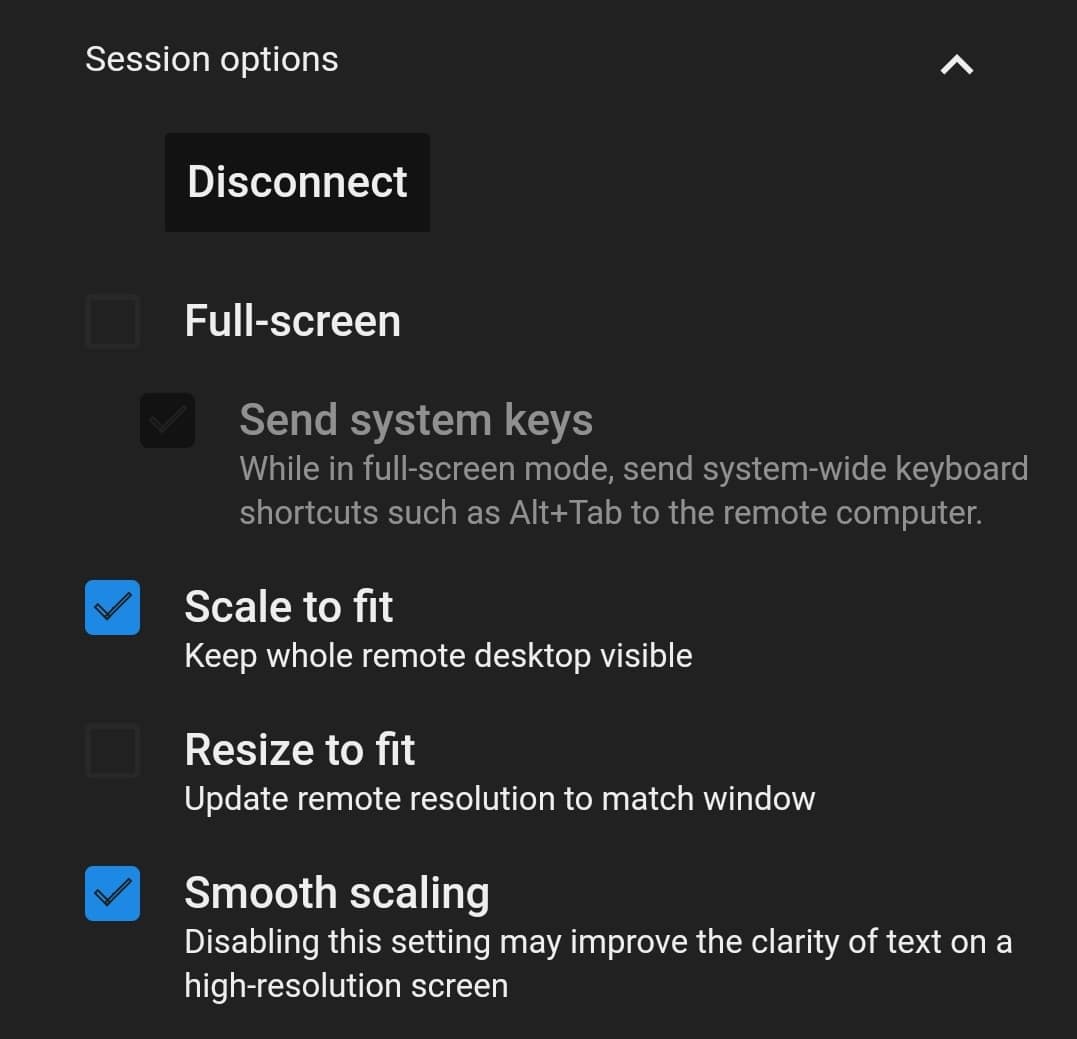 Disconnect option under Session options