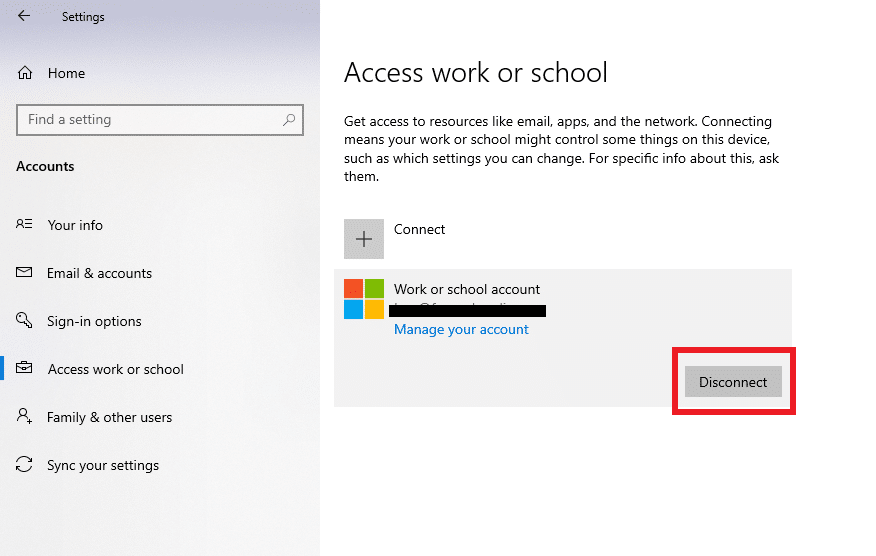 Disconnect the school account access work or school option