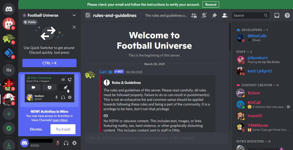 Discord page of Football Universe