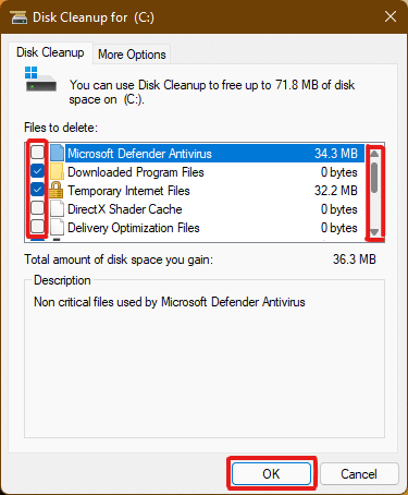 Disk cleanup will calculate and open a list of possibly deletable files stored along with the temporary cache files with a Description of all the files as per selection, scroll down and select the required files according to your choice and click on OK after being done.