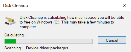 Disk Cleanup will now scan for files and calculate the amount of space that can be cleared. It may take a few minutes.