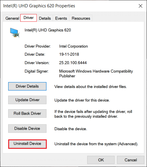 display driver properties. Click on the Driver. then Click on the Uninstall device button.