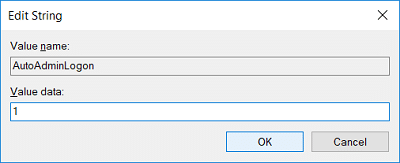 Double-click on AutoAdminLogon and change it's value to 1 in order to enable automatic log in of Windows 10 PC