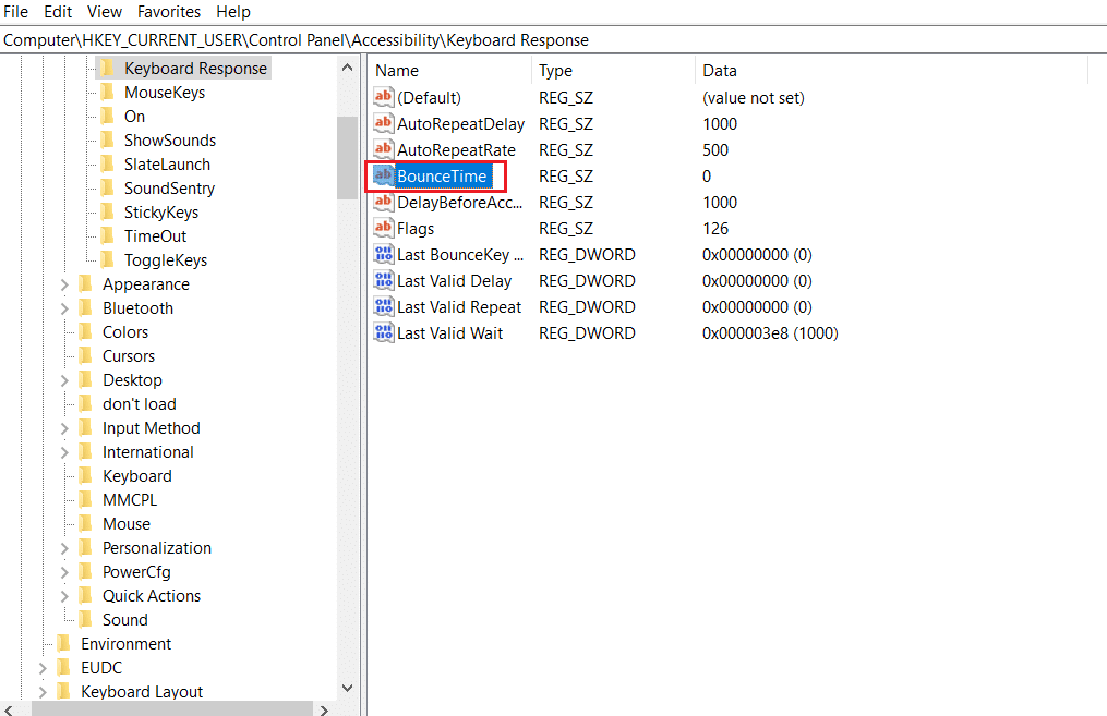 double click on BounceTime string in Registry Editor