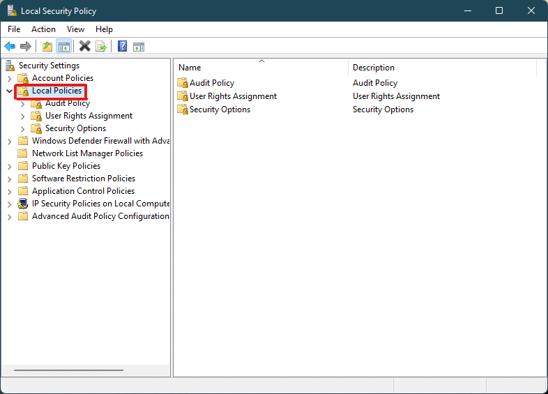 double click on Local Policies folder in Local Security Policy window Windows 11