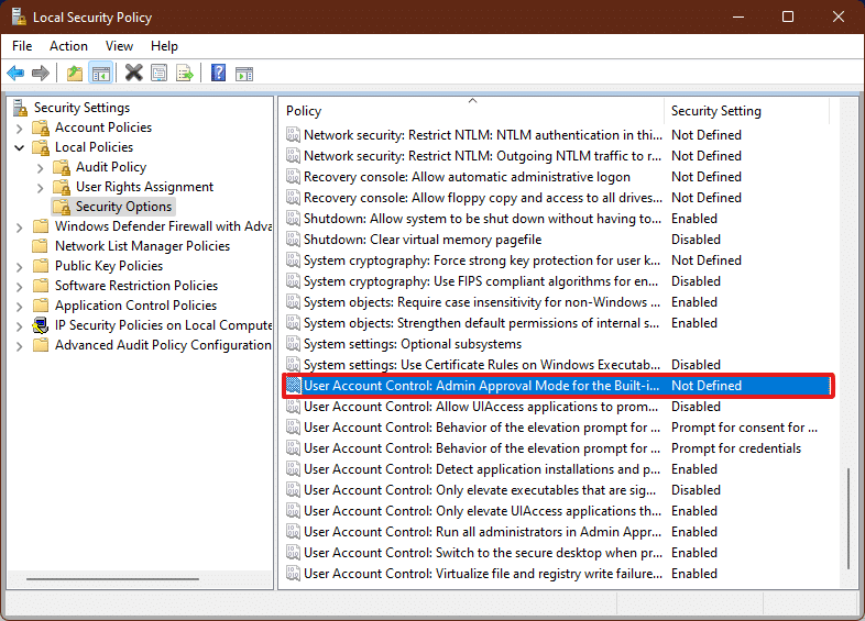 double click on User Account Control Run all administrators in Admin Approval Mode policy in Local Security Policy window Windows 11