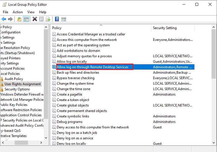 Double click on the Allow log on through Remote Desktop Services in the list. Fix Remote Desktop Cannot Connect to the Remote Computer