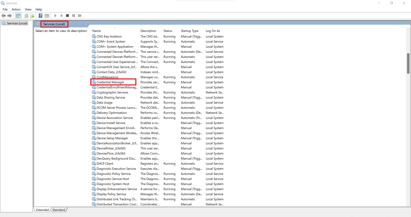 Double-click on the Credential Manager option underneath the Services (Local) menu | How Can You Delete Adobe Account