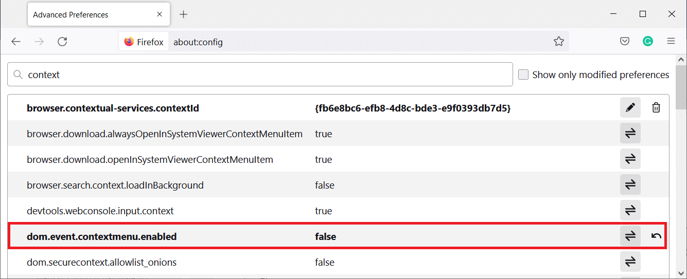 double-click on the setting to set the value to false. Fix Firefox Right Click Not Working