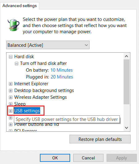 double click on usb settings option in Change advanced power settings window